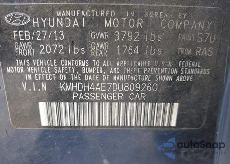 2013 Hyundai Elantra Gls из США, поврежденный, VIN KMHDH4AE7DU809260